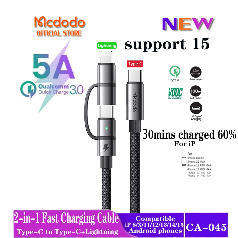 Mcdodo100w สายชาร์จ Type-C รองรับ iP 15 Pro Max 36W 2 in 1 เข้าได้กับ Type-C เป็น LIghtning Type-C ชาร์จเร็ว ความเร็วในการส่งข้อมูล ถึงอัตรา 10Gb/s CA-045