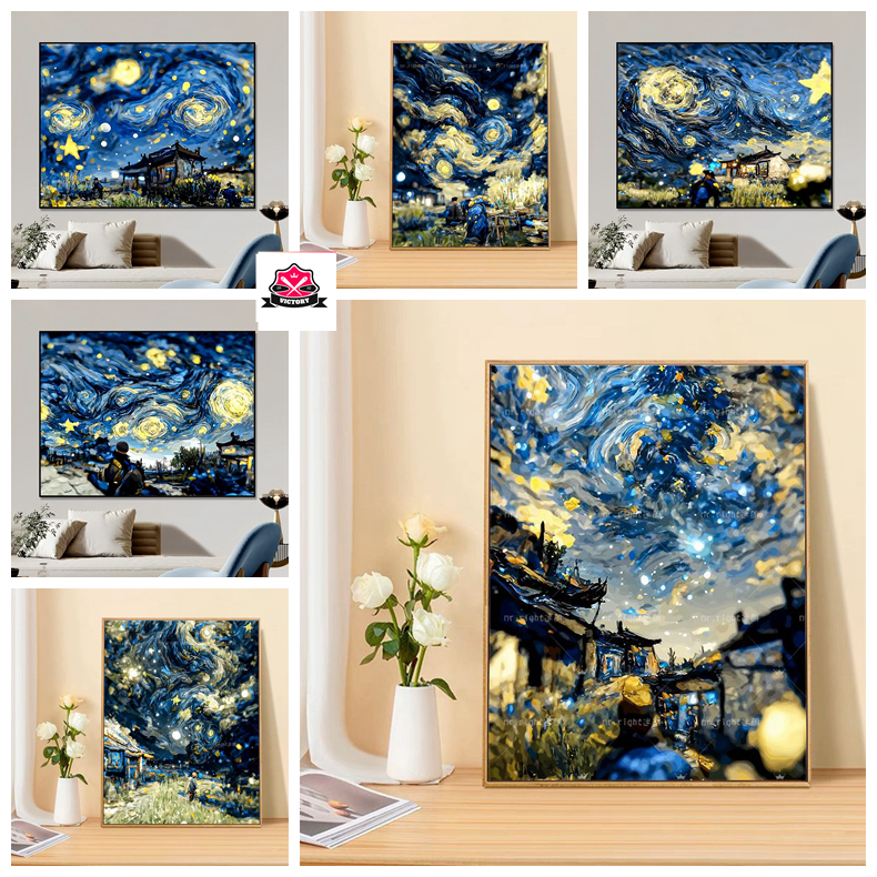 Victory✨-ระบายสีตามตัวเลข ชุดภาพวาดสีน้ํามันดิจิทัล Van Gogh Starry Sky ขนาด 30x40cm/40x50cm สําหรับตกแต่งบ้าน ห้องนั่งเล่น