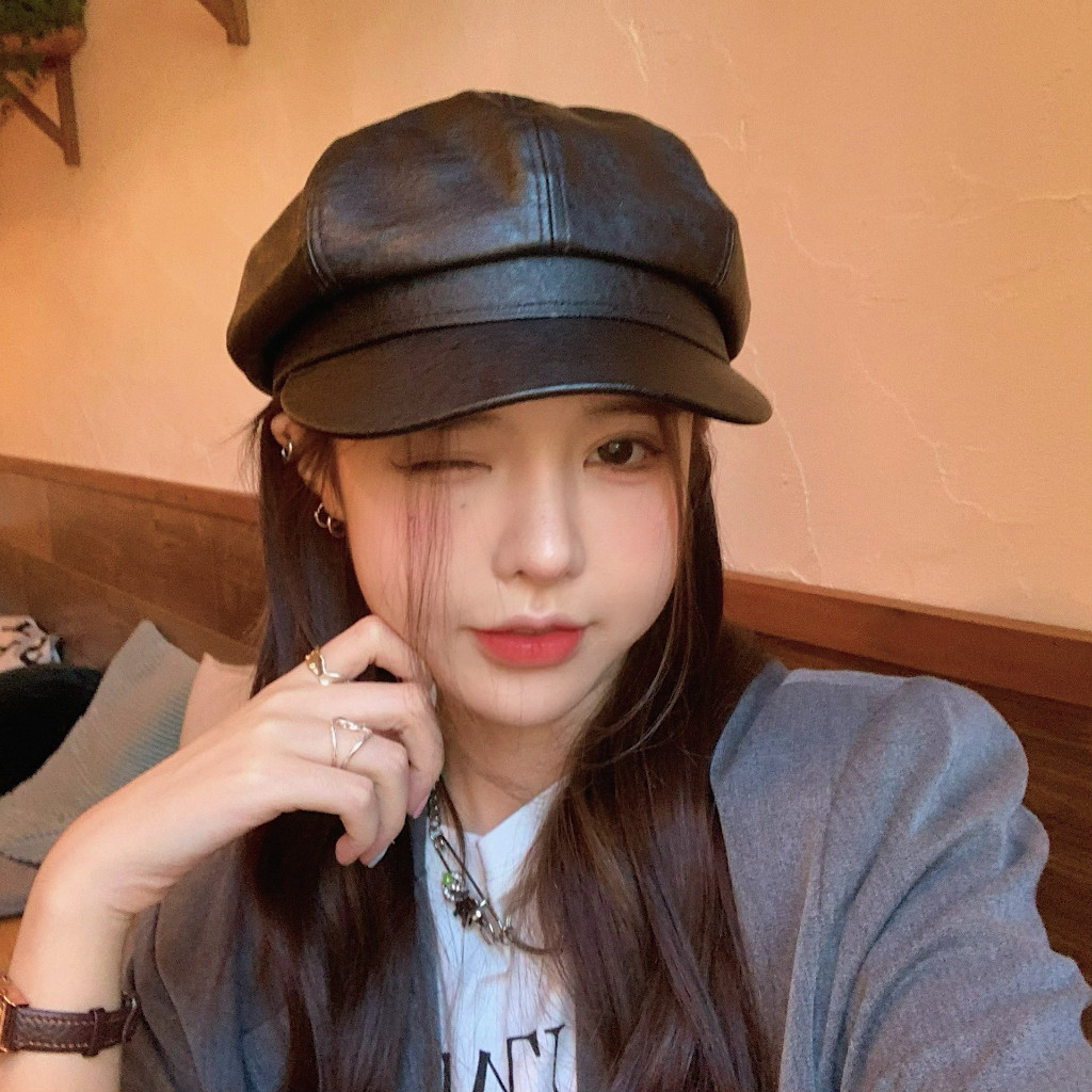 Women PU Leather Hat /Autumn Winter  Solid Plain Octagonal Cap /  Stylish Artist Casual Painter Cap / Black Beret Hats