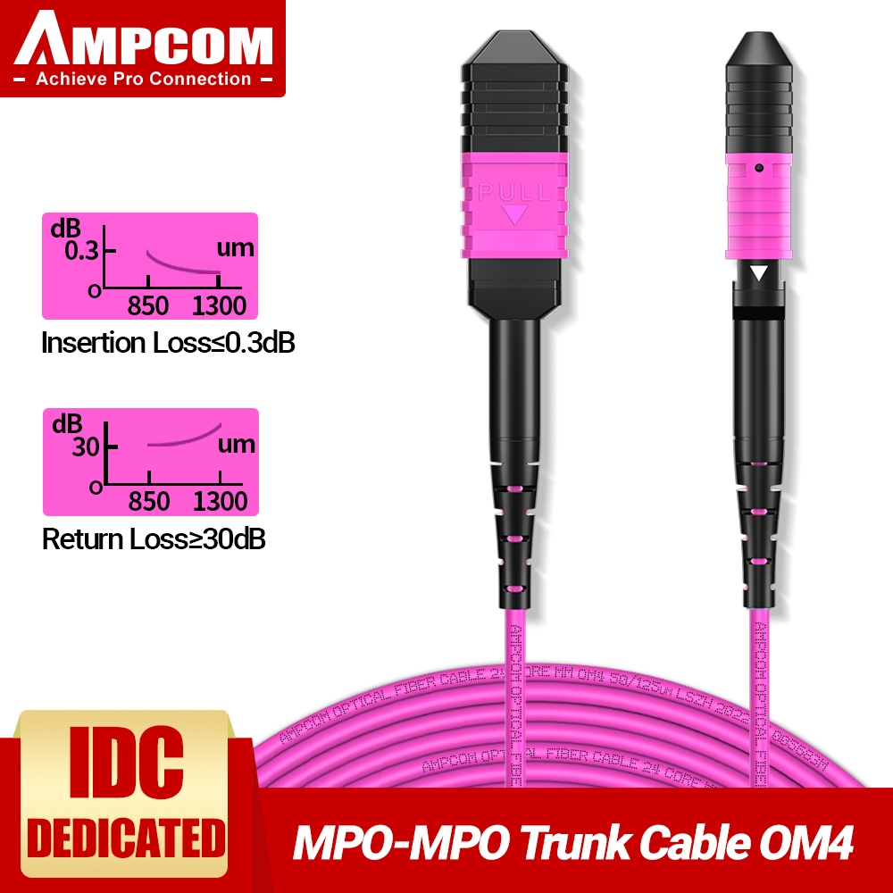 AMPCOM สายแพทช์ไฟเบอร์ MPO ถึง MPO ประเภท B OM4 มัลติโหมด 8/12/24 แกน สายตัวกลางสำหรับ 10G QSFP+ และ