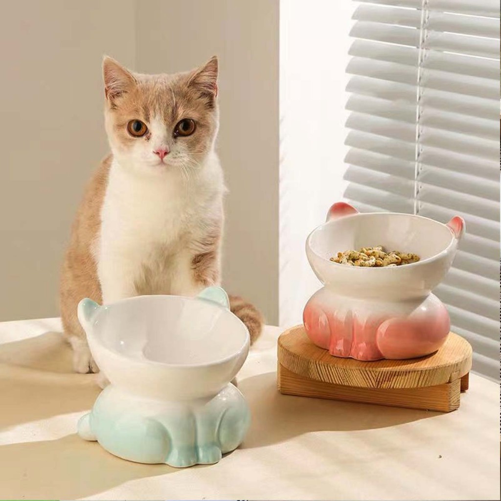 ⭐ชามอาหารแมวเซรามิก⭐ชามดื่มแมว รูปทรงแมว น่ารัก ไล่สี เอียง 15° ปกป้องกระดูกสันหลังส่วนคอของแมว ทำให้ทานอาหารได้สบาย