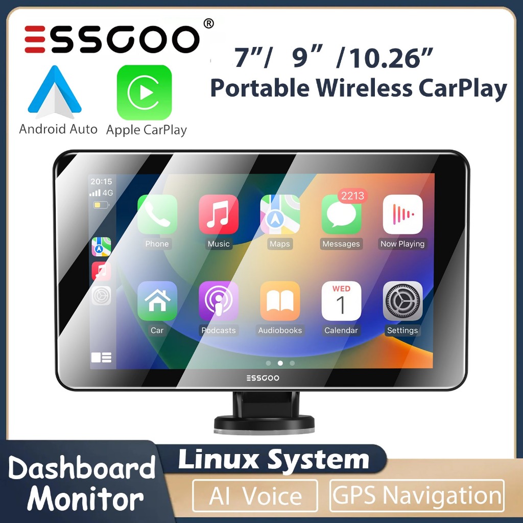 ESSGOO Wireless Carplay Dashboard Monitor Portable Car Radio  7/9/10 inch Automotive Multimedia Player Android Auto MirrorLink AUX Bluetooth