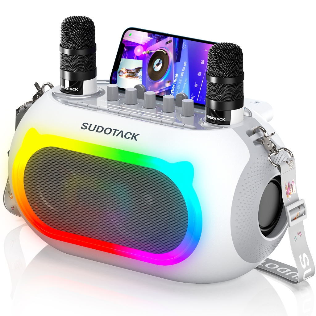 Sudotack KM300- เครื่องคาราโอเกะ แบบพกพา สีขาว พร้อมไมโครโฟนไร้สาย 2 ชิ้น ลําโพงบลูทูธ RGB สําหรับทีวี ปาร์ตี้ วันเกิด