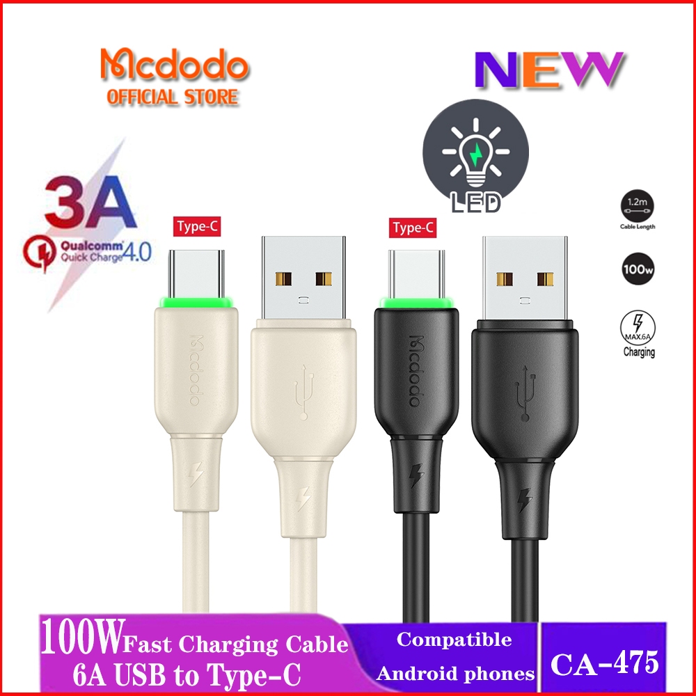 Mcdodo สายชาร์จเร็ว 100W 6A USB A เป็น Type-C รองรับการส่งข้อมูล สําหรับโทรศัพท์ทุกรุ่น Samsung CA-475