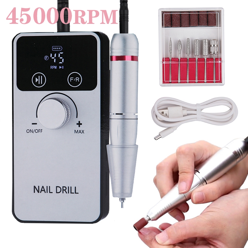 เครื่องขัดเล็บไฟฟ้า 45000RPM แบบพกพา ชาร์จไฟได้ สําหรับร้านทําเล็บเจล