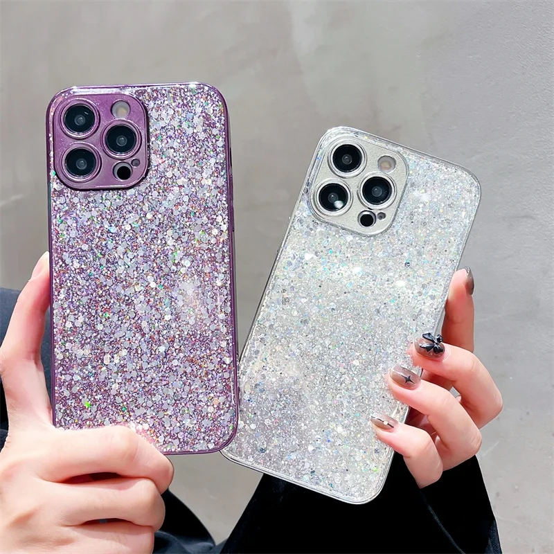 เคสโทรศัพท์มือถือซิลิโคน ประดับเลื่อม สีม่วง สําหรับ IPhone 11 12 13 14 15 Pro Max
