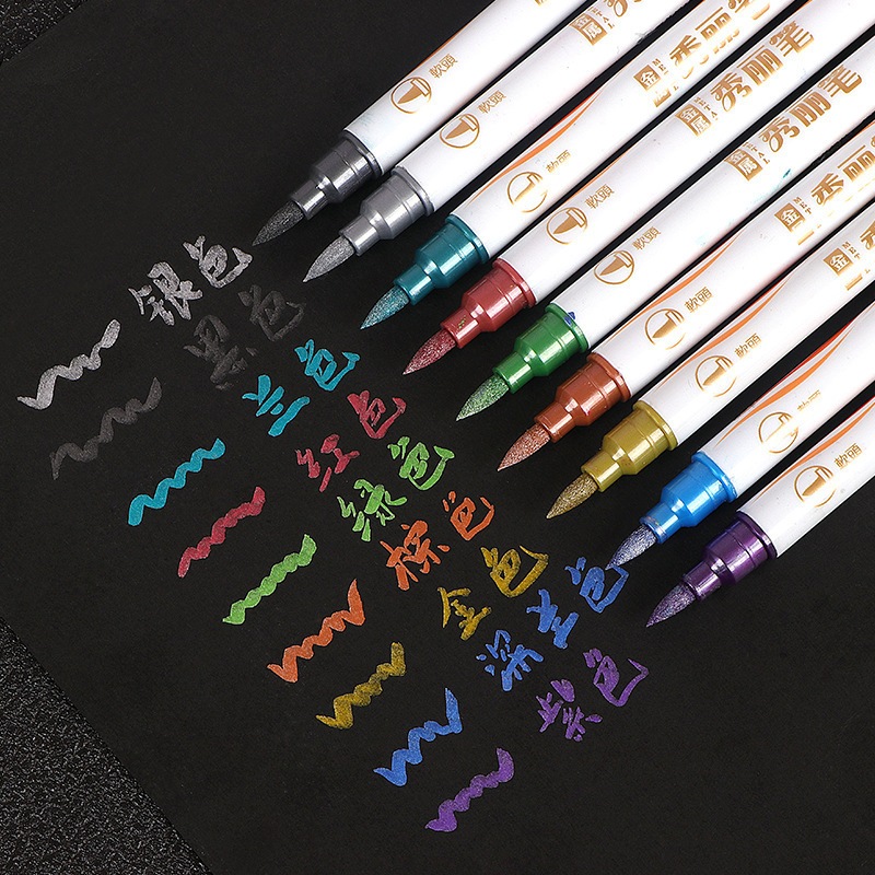 ปากกามาร์กเกอร์ สองด้าน และปลายปากกาแข็ง สีดําเมทัลลิก แวววาว สําหรับวาดภาพ วาดภาพ การ์ดอวยพร