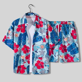 ชุดเสื้อแขนสั้น และกางเกงฮาวาย ทรงหลวม ลายดอกไม้ เหมาะกับเดิ…
