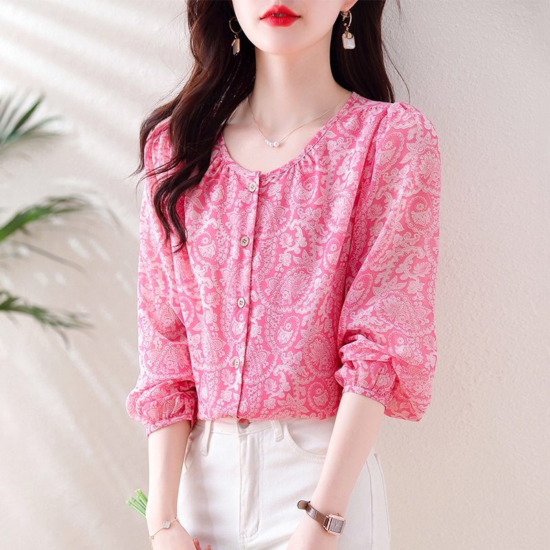 เสื้อเชิ้ตแขนยาวลําลอง คอกลม ทรงหลวม พิมพ์ลายดอกไม้ เข้ากับทุกการแต่งกาย แฟชั่นฤดูร้อน สําหรับสตรี