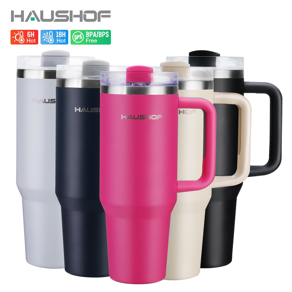 Haushof แก้วกระติกน้ําร้อน สเตนเลส สูญญากาศ 40 ออนซ์ 1200 มล. พร้อมที่จับ และหลอดดูด