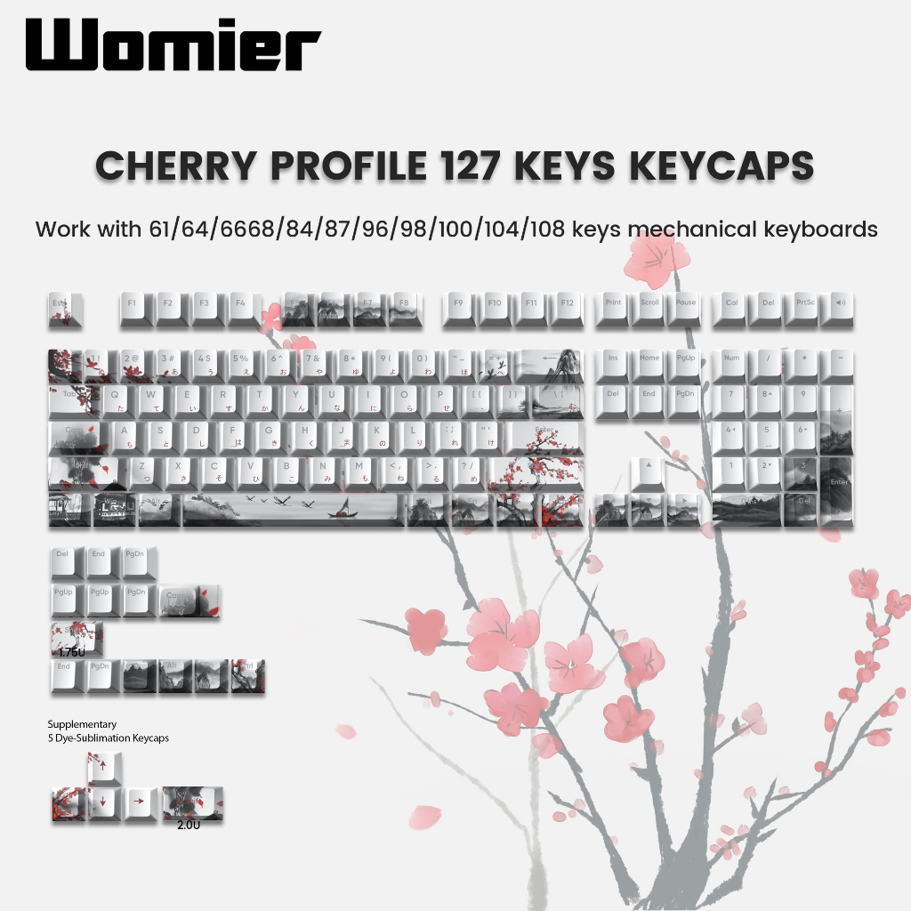 Womier ปุ่มกดคีย์บอร์ด 127 คีย์ ลายดอกพลัม เชอร์รี่ ย้อมสี PBT สําหรับคีย์บอร์ดเกมเมอร์ Cherry MX Switches