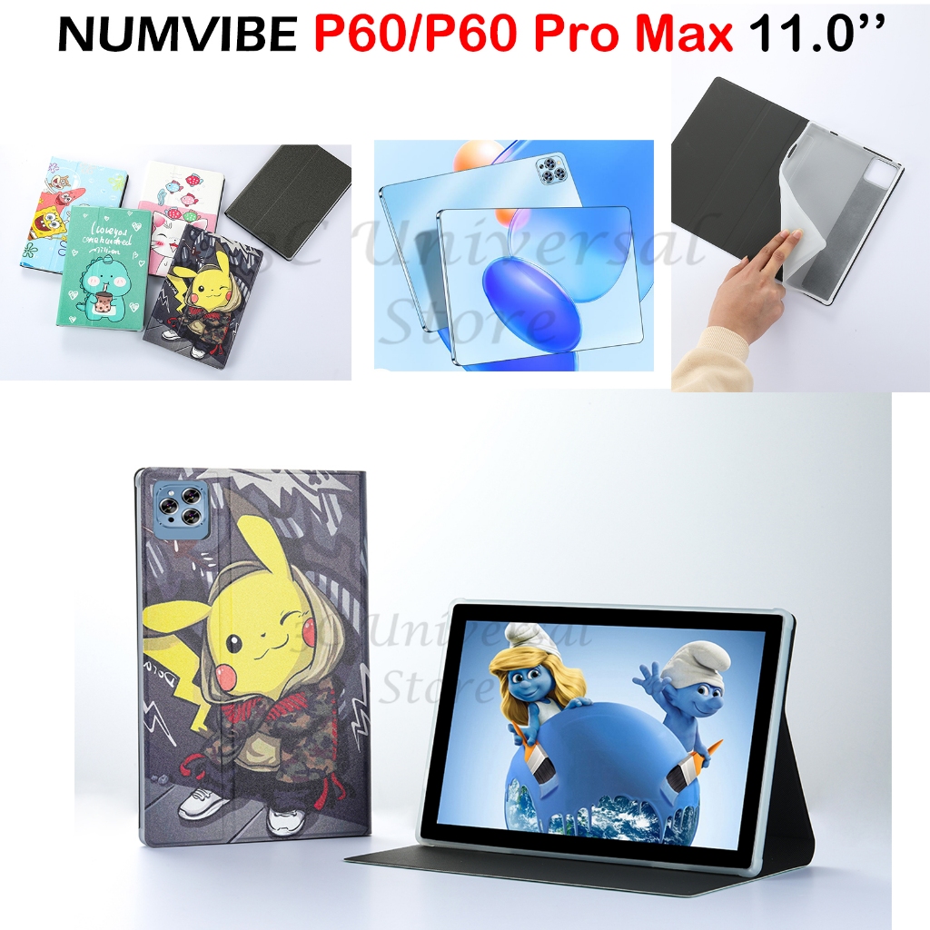 การ์ตูนทาสีนูนหนังสําหรับ NUMV P60 P 60 Pro Max 5G ฝาครอบหนัง PU NUMVIBEIBE P 60 ตาราง PC 11.0 2023 ขาตั้งผู้ถือ Shell