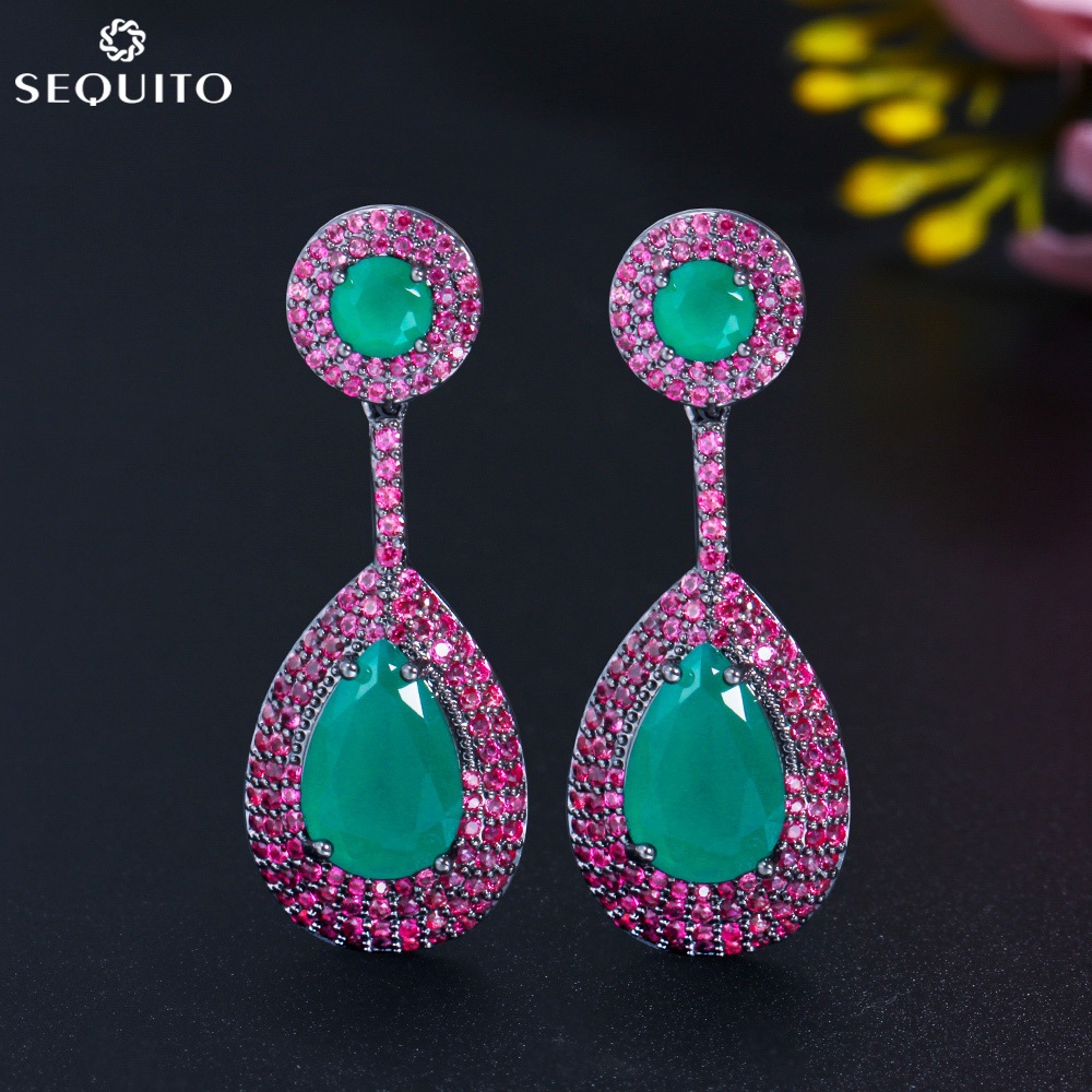 Sequito คุณภาพดีเครื่องประดับสีดําทองสีเขียว Rose Red Zirconia Dangle Water Drop Party Silver Pin ต่างหูสําหรับผู้หญิง E477