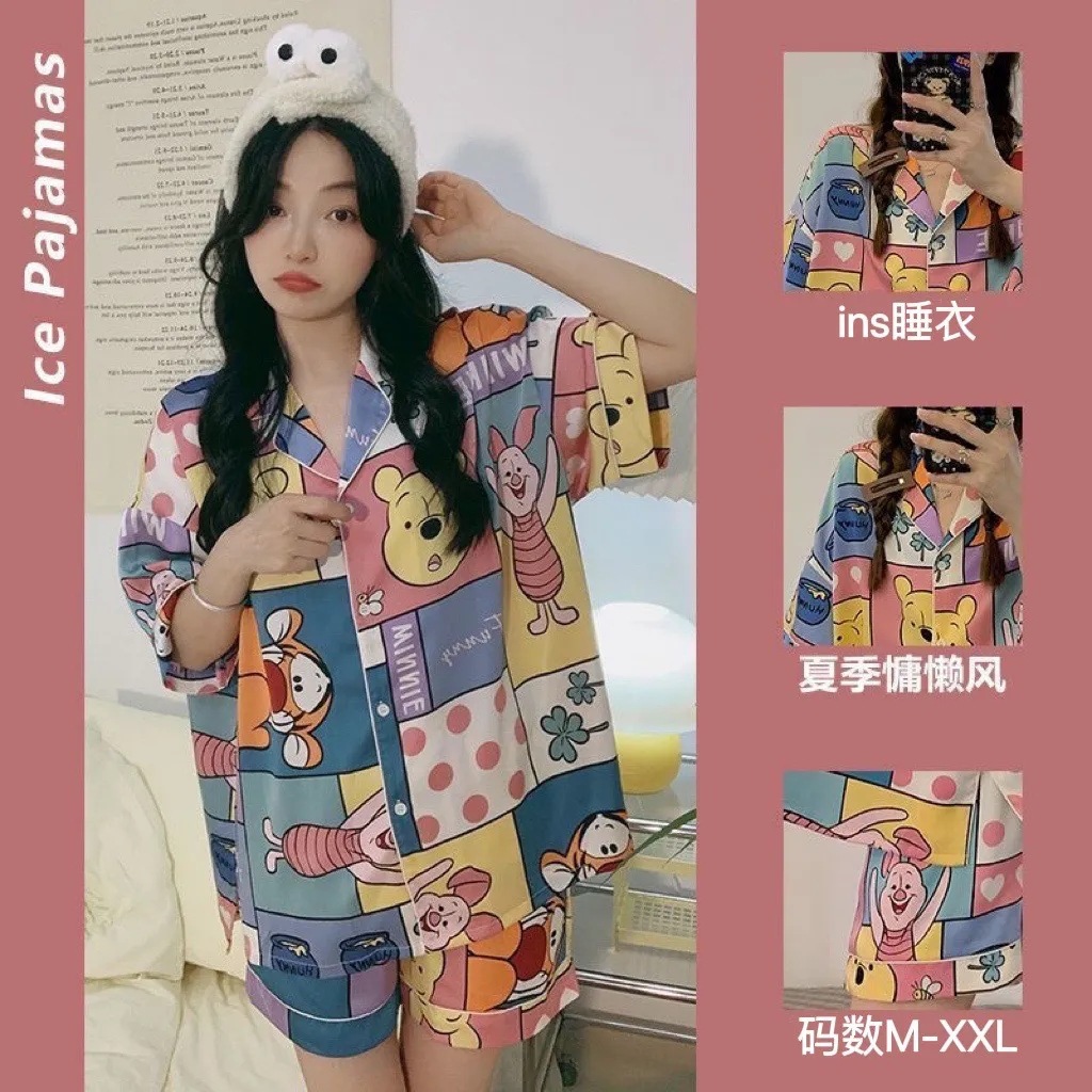 ชุดนอนคอปก ชุดนอนลายการ์ตูน ชุดนอนผ้าคอตตอน ชุดนอนผู้หญิง ชุดนอนแขนสั้นขาสั้นฟรีไซส์