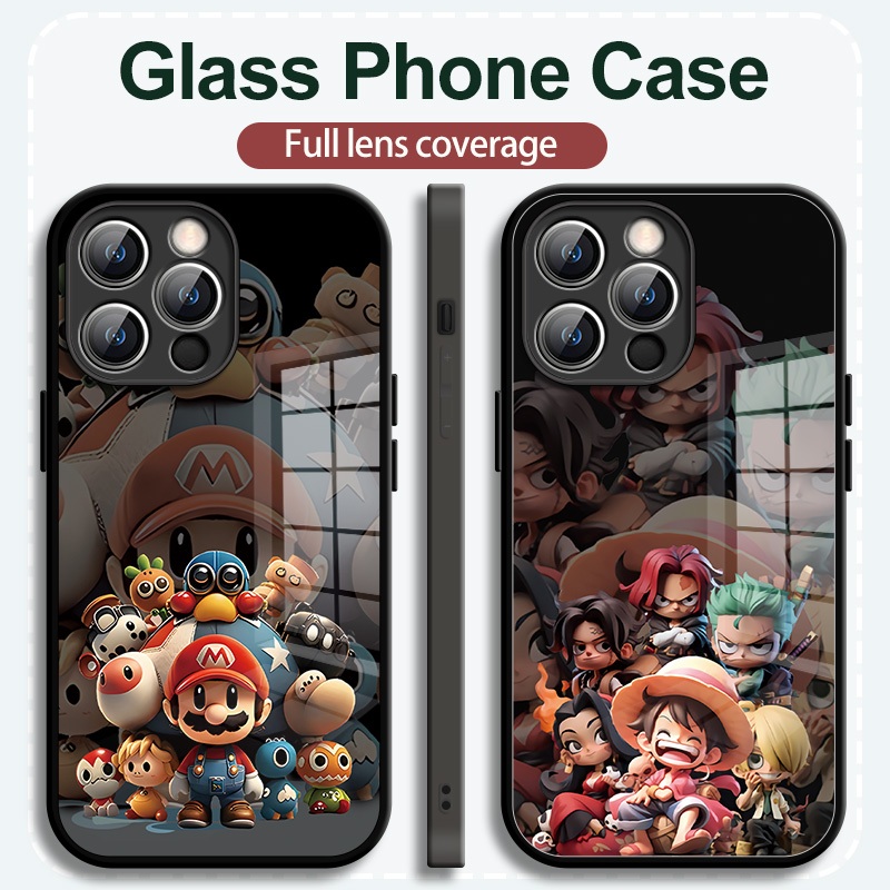 สินค้าใหม่ที่ขายดีที่สุดคุณภาพสูงการ์ตูนแอนิเมชั่น Mario, One Piece รูปแบบภาพเคสโทรศัพท์แก้วเหมาะสําหรับ Apple 15promax เคสโทรศัพท์ One Piece กันกระแทก iPhone14 Plus ป้องกัน 13/12Mini/11Pro/XR ระดับไฮเอนด์รวมทุกอย่าง
