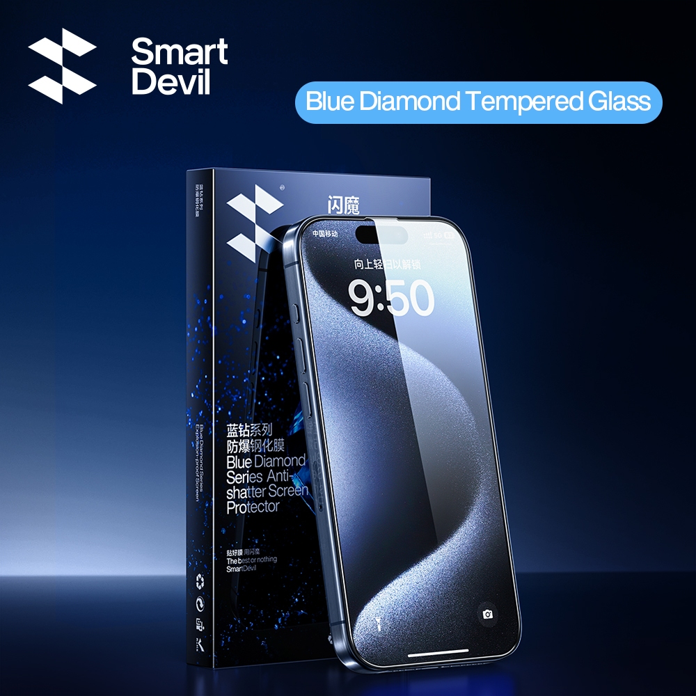 SmartDevil กระจกนิรภัย กันหล่น เต็มจอ ประดับเพชร สีฟ้า สําหรับ iPhone 15 15Pro 15Plus 15ProMax