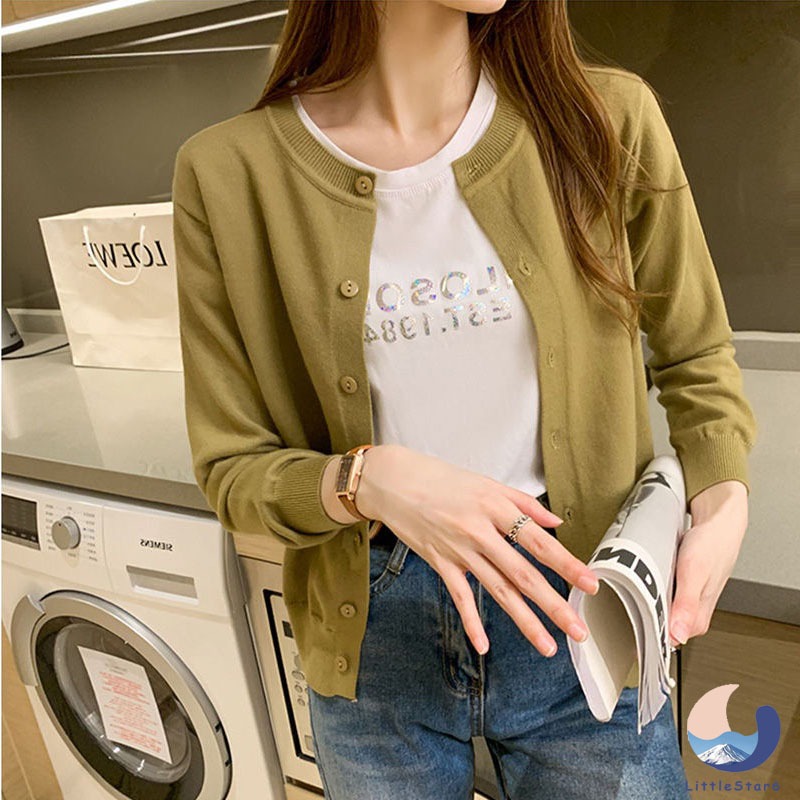 เสื้อคาร์ดิแกนแขนยาว คอกลม ผ้าถัก สีแอปริคอท แบบบาง ตัวสั้น สําหรับผู้หญิง Long-sleeved cardigan【LittleStar6】