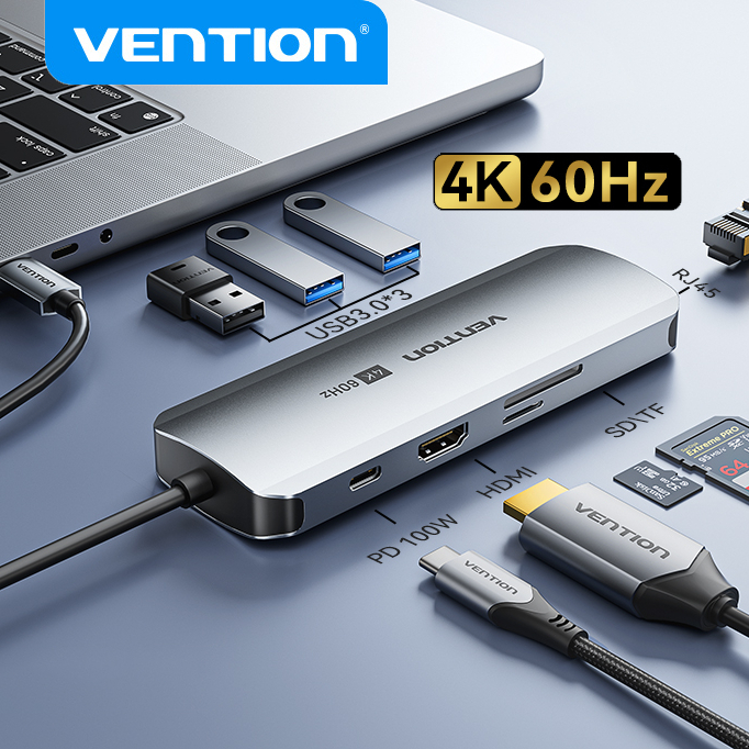 Vention Multiport USB C HUB 9 in 1 ประเภท C ถึง USB 3.0 4K 60Hz 5Gbps HDMI VGA PD 100W RJ45 SD TF อะแดปเตอร์เครือข่ายสําหรับ Macbook Samsung S24 Ultra Docking Station ประเภท C HUB