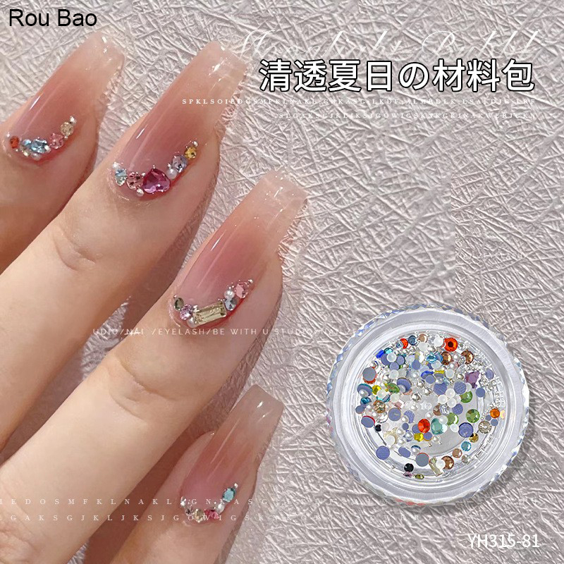 Rou Bao อุปกรณ์ตกแต่งเล็บ ไข่มุก เพชรเทียม รูปหัวใจ ทรงสี่เหลี่ยม ขนาดเล็ก หลากสี สําหรับตกแต่งเล็บ DIY