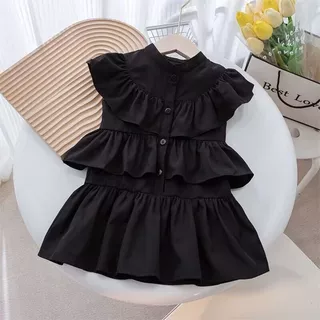 1-6Y ชุดเดรสเด็กผู้หญิงฤดูร้อนสีดําแขนสั้นชุดเค้กเร้าใจสําหรับเด็ก