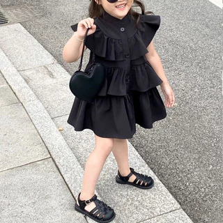 1-6Y ชุดเดรสเด็กผู้หญิงฤดูร้อนสีดําแขนสั้นชุดเค้กเร้าใจสําหรับเด็ก