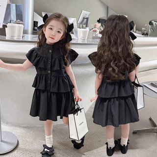 1-6Y ชุดเดรสเด็กผู้หญิงฤดูร้อนสีดําแขนสั้นชุดเค้กเร้าใจสําหรับเด็ก