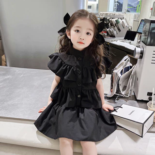 1-6Y ชุดเดรสเด็กผู้หญิงฤดูร้อนสีดําแขนสั้นชุดเค้กเร้าใจสําหรับเด็ก