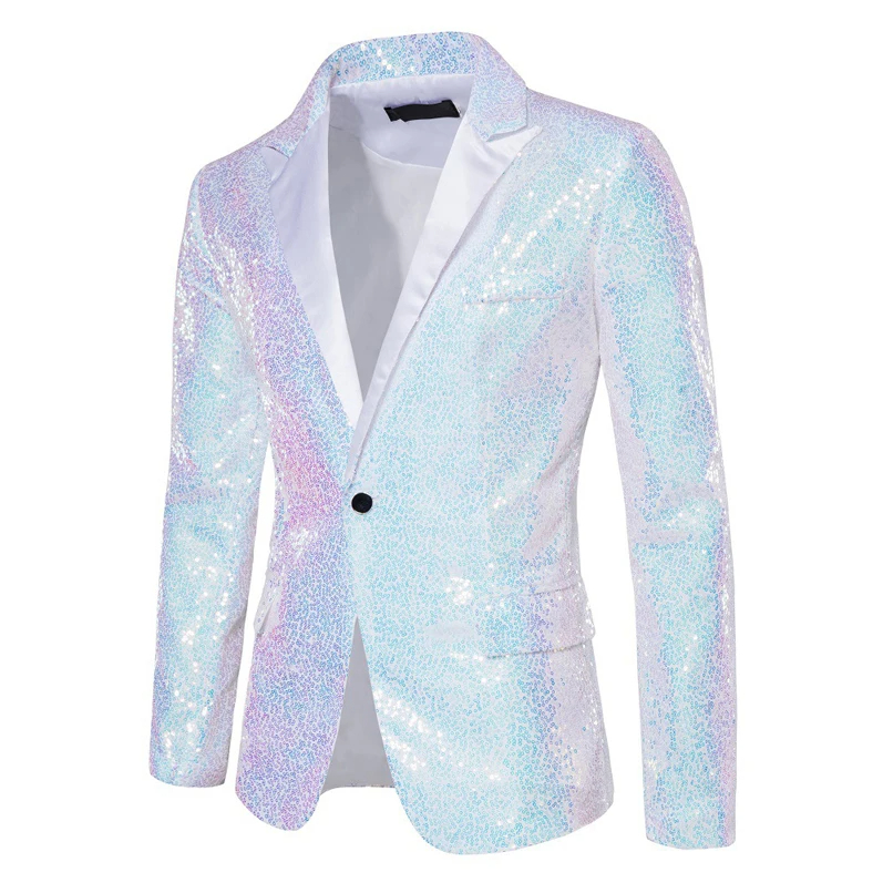เสื้อแจ็กเก็ตทักซิโด้ ประดับเลื่อม กลิตเตอร์ สีขาวแวววาว แต่งกระดุมแถวเดียว เหมาะกับงานแต่งงาน เจ้าบ่าว งานพรอม เวที สําหรับผู้ชาย