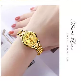 ORUSS Original Luxury Dual ปฏิทินสแตนเลสแฟชั่นสุภาพสตรีนาฬิกากันน้ําเวอร์ชั่นเกาหลี Simple Golden Luminous นาฬิกาข้อมือควอตซ์