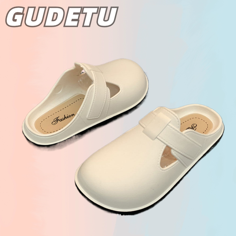 GUDETU.PLUS.รองเท้าแตะ Baotou แบนสบายสไตล์เรียบง่ายสำหรับผู้หญิง รองเท้าแตะส้นแบนสวมใส่สบายและน้ำหนักเบา