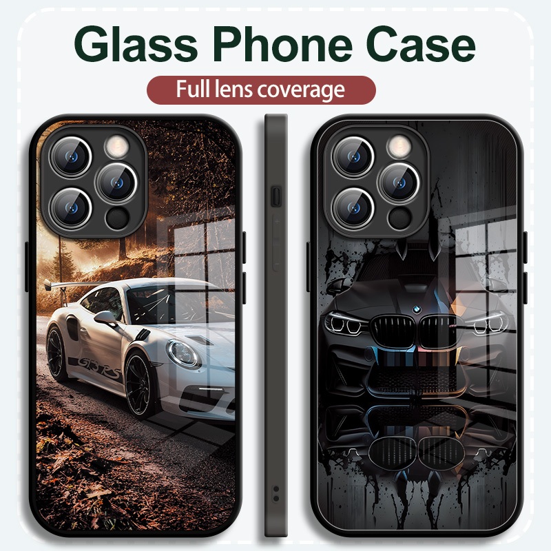 ใหม่ เคสโทรศัพท์มือถือแบบแก้ว กันกระแทก ลายรถยนต์อเมริกันยุโรป สําหรับ Iphone 11 12 13ProMax 14Plus 15Pro XS Mini XR 8P