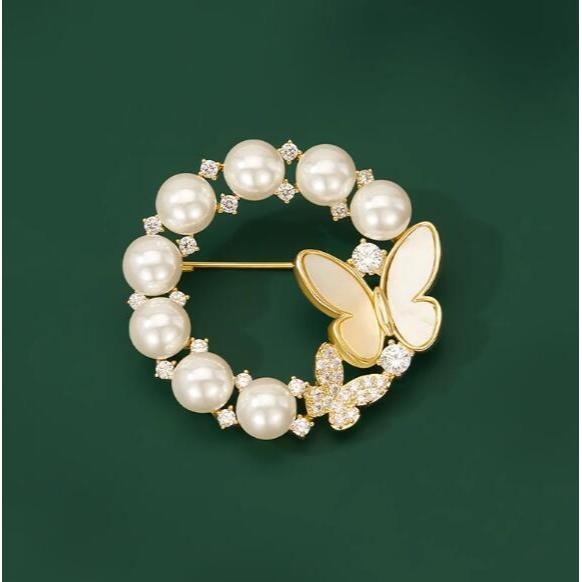 เข็มกลัด รูปผีเสื้อ ดอกไม้ ประดับมุก แฟชั่นสวยงาม