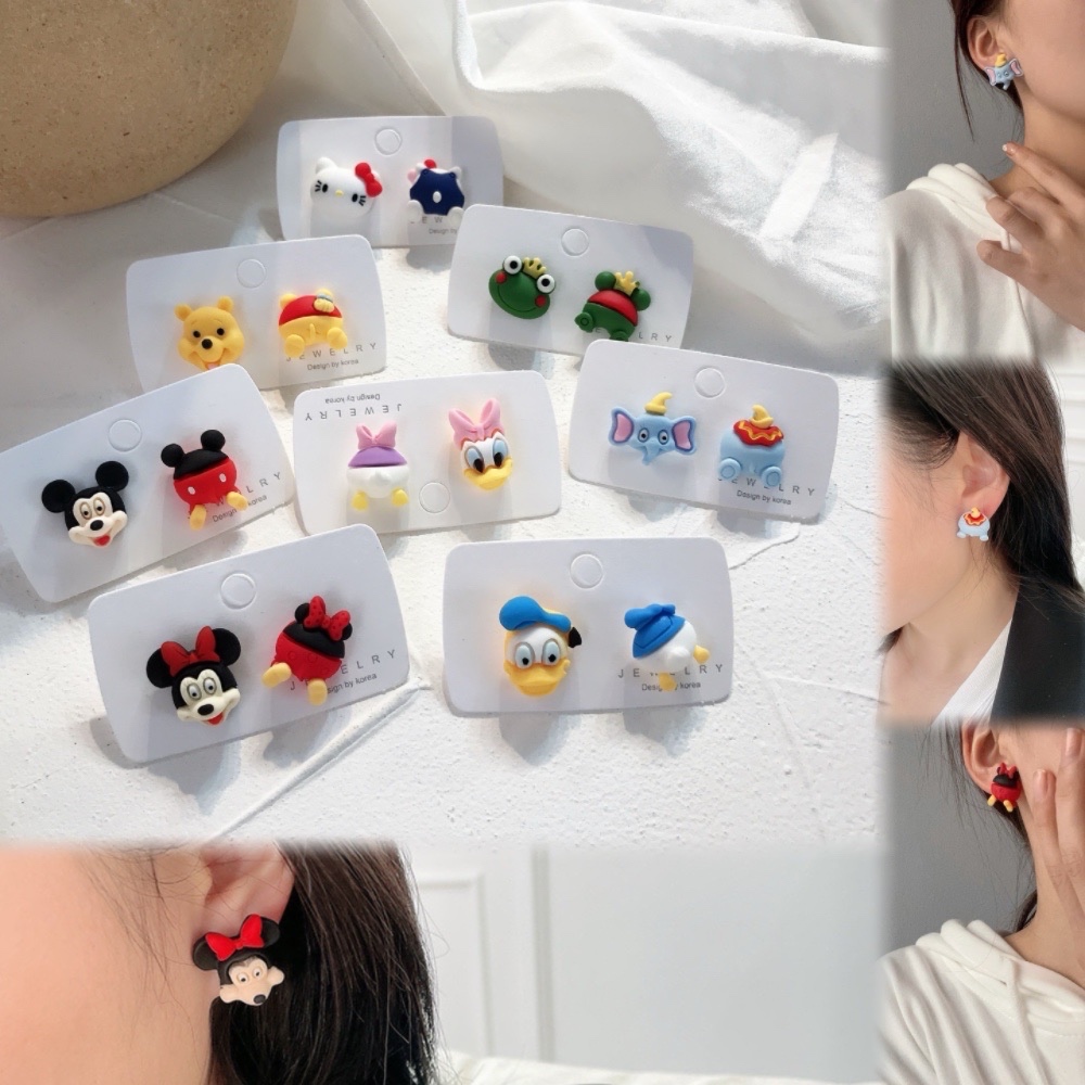 สัตว์น่ารัก ต่างหู มิกกี้ หมี ไดโนเสาร์เข็มเงินเรซิ่นไม่สมมาตร ต่างหูเครื่องประดับขนาดเล็ก ต่างหู
