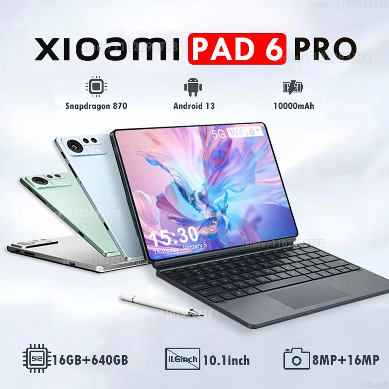 Global แท็บเล็ต 6 Pro Android 2026 Snapdragon 888 Octa Core Android 13 12GB 512GB หน้าจอ HD 11 นิ้ว 