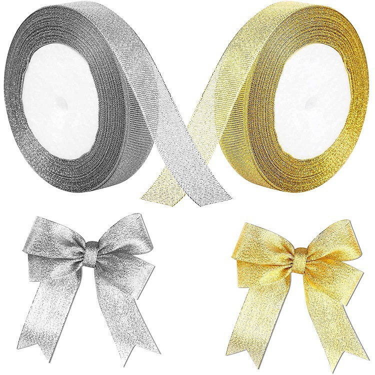 6/10/12mm*22m Gold Silver Color Glitter Ribbon Christmas Party ตกแต่งบ้านห่อของขวัญ
