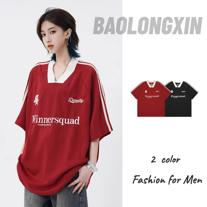 BAOLONGXIN ใหม่สามแถบย้อนยุคเสื้อกีฬาฮิปฮอปสไตล์ถนนเสื้อยืดแขนสั้นหลวม unisex