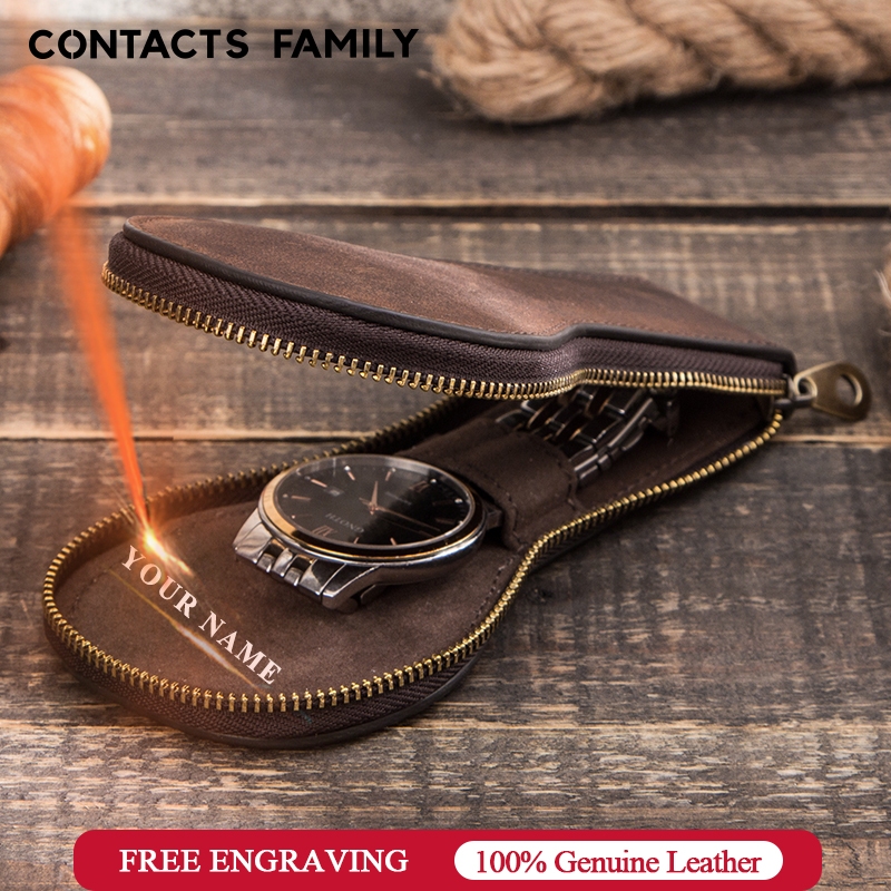 CONTACT'S FAMILY กล่องเก็บนาฬิกาข้อมือ หนังวัว แบบนิ่ม มีซิป ทรงกลม สําหรับเดินทาง