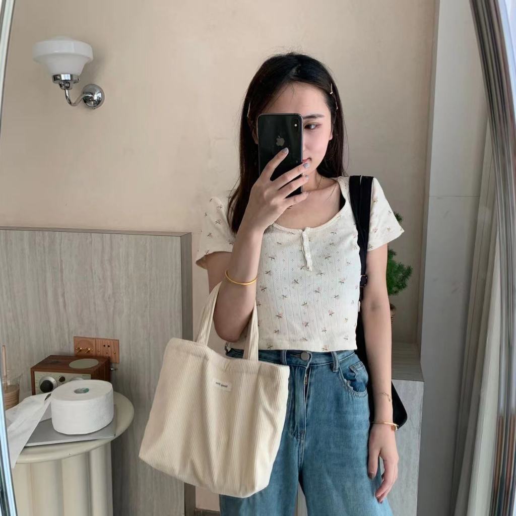 กระเป๋าถือ กระเป๋าเครื่องสําอาง ผ้าลูกฟูก ขนาดเล็ก สีพื้น แบบเรียบง่าย สไตล์ญี่ปุ่น สําหรับผู้หญิง ราคา ถูกที่สุด ดีลบีเคเค แกลเลอรีภาพที่ 6