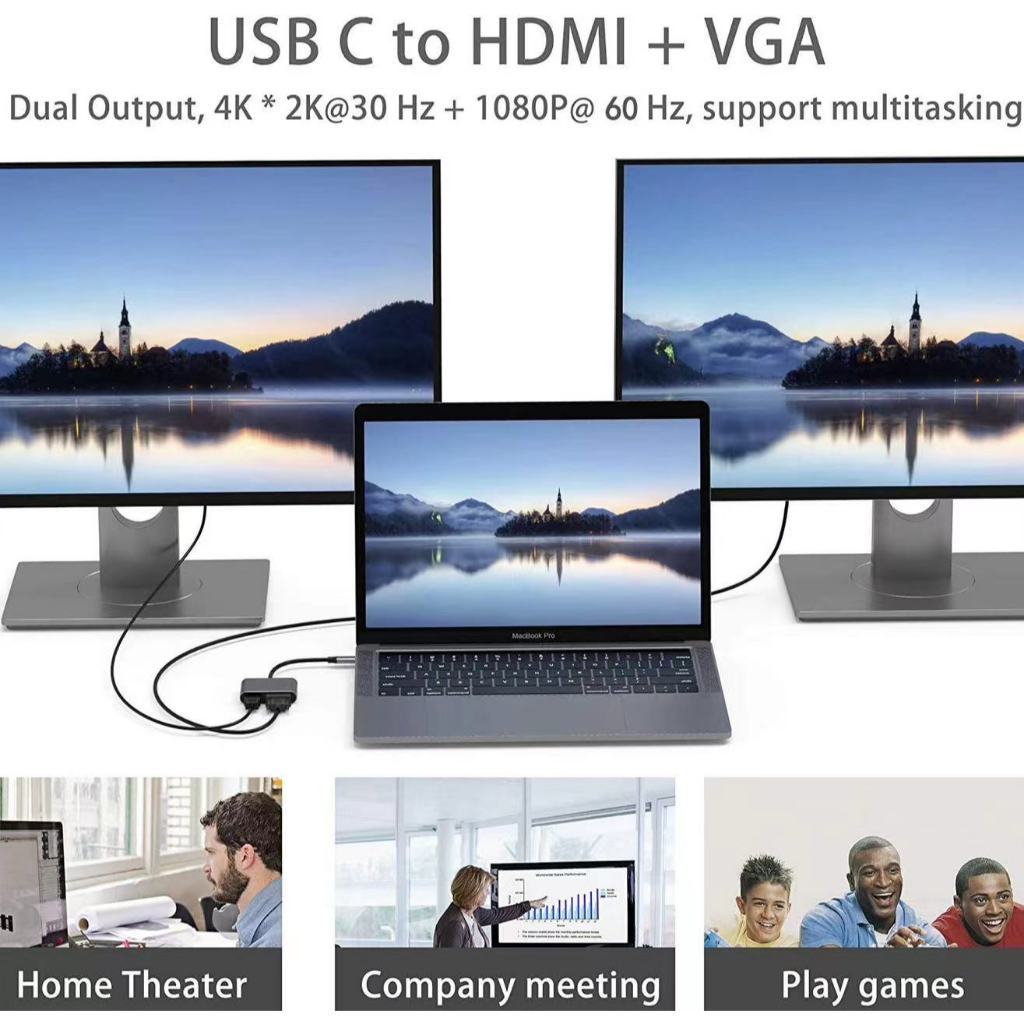 อะแดปเตอร์แปลง USB C เป็น HDMI 4K Type-C เป็น HDMI VGA Audio USB 3.0 และ USB C ตัวเมีย