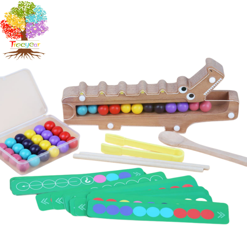 Montessori เกมจับคู่สี ลูกปัดไม้ เกมจับคู่ วิจิตร มอเตอร์ เกม จระเข้ คลิป ลูกปัด ของเล่น สําหรับเด็ก 3 4 5 ปี