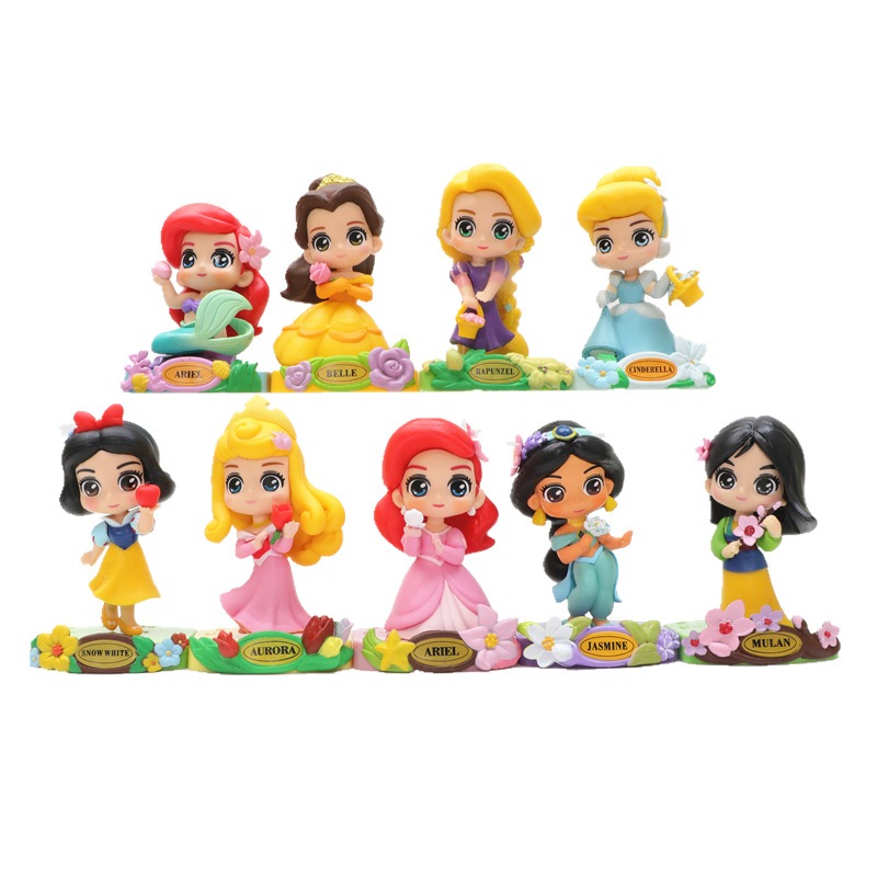 9 ชิ้น/เซ็ต 10 ซม.เจ้าหญิง Snow White Cinderella Ariel Belle Jasmine Mulan Aurora Rapunzel รุ่น Q PVC ตัวเลขการกระทําตุ๊กตาของเล่น