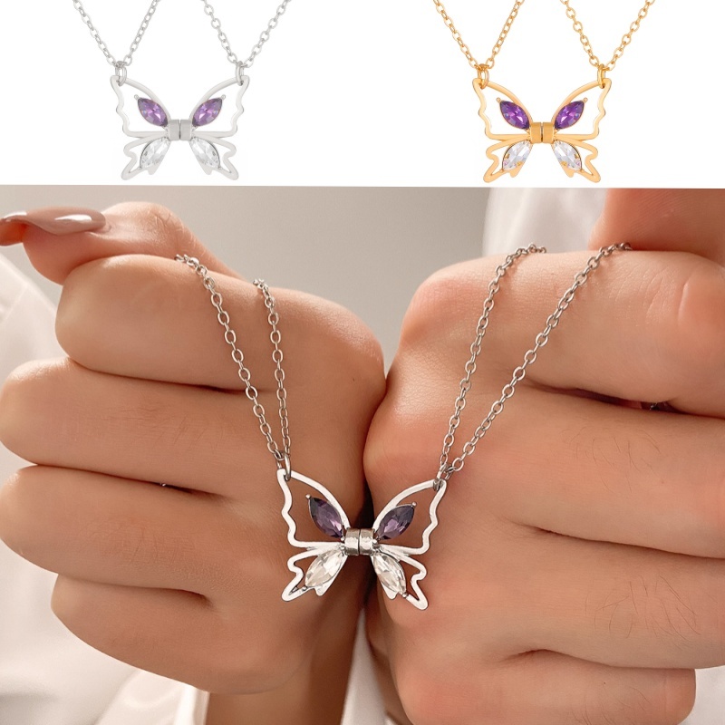 เครื่องประดับ สร้อยคอโซ่แม่เหล็ก ทอง 18k จี้ผีเสื้อ ประดับเพทาย เหมาะกับของขวัญวันวาเลนไทน์ แฟชั่นคู่รัก สําหรับผู้ชาย และผู้หญิง 2 ชิ้น ต่อชุด