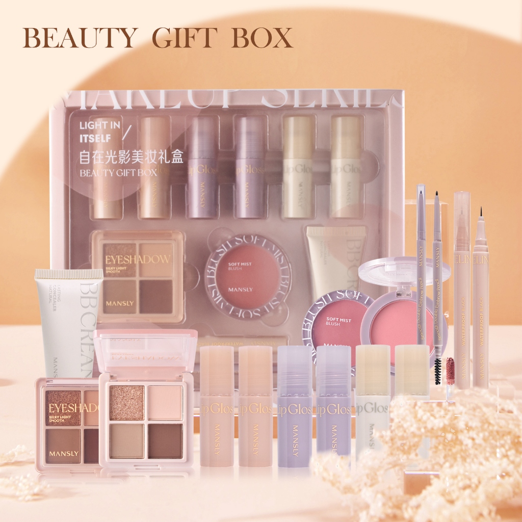 Lamuseland 11 ชิ้นแต่งหน้าชุดลิปกลอสสี Development Blush Palette อายไลเนอร์กันน้ําดินสอเขียนคิ้วติดทนนาน Full Blocking BB ครีม
