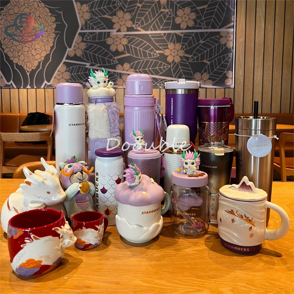 Starbucks China 2024 แก้วน้ํา ลายราศีปีมังกรน่ารัก พร้อมหลอดดูด ของขวัญ สไตล์คลาสสิก