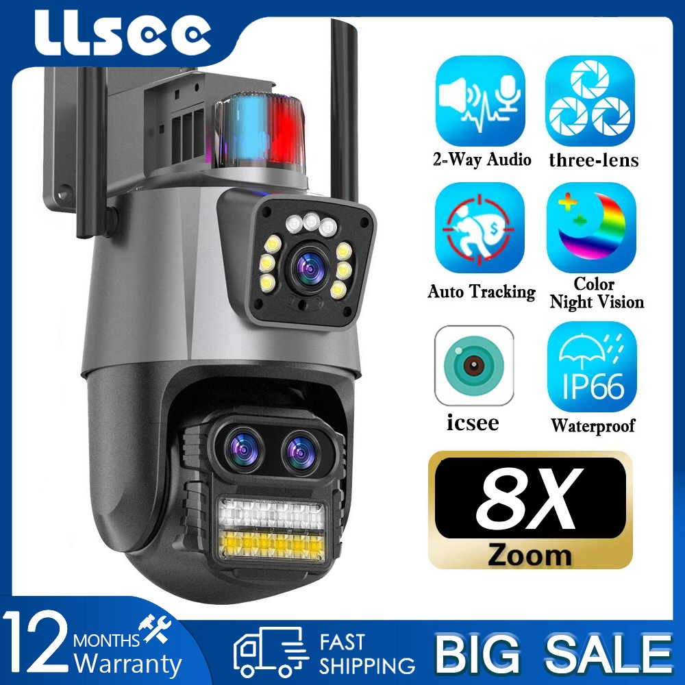 LLSEE ICSEE 9MP 3 เลนส์กล้องวงจรปิดเชื่อมต่อไร้สาย WIFI โทรศัพท์มือถือ PTZ กลางแจ้ง IP66 กันน้ำ 360 หมุน IP กล้องสองทางโทรติดตามการเคลื่อนไหวที่มีสีสัน Night Vision