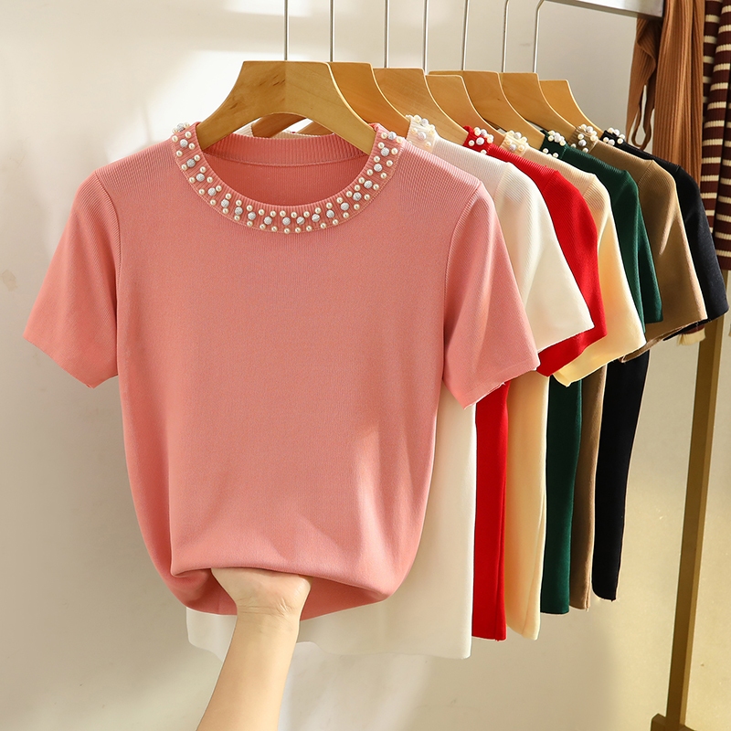 ใหม่ เสื้อกันหนาว แขนสั้น ประดับลูกปัด แฟชั่นฤดูร้อน