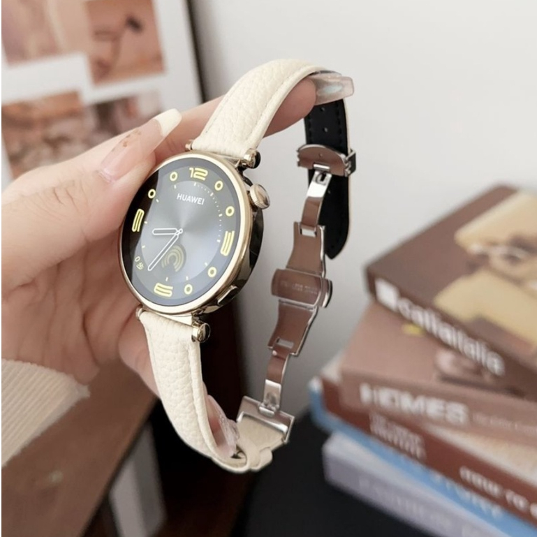 สายนาฬิกาข้อมือหนังแท้ ลายลิ้นจี่ หัวเข็มขัดผีเสื้อ 18 มม. สําหรับ Huawei GT4/GT5 (41 มม.)