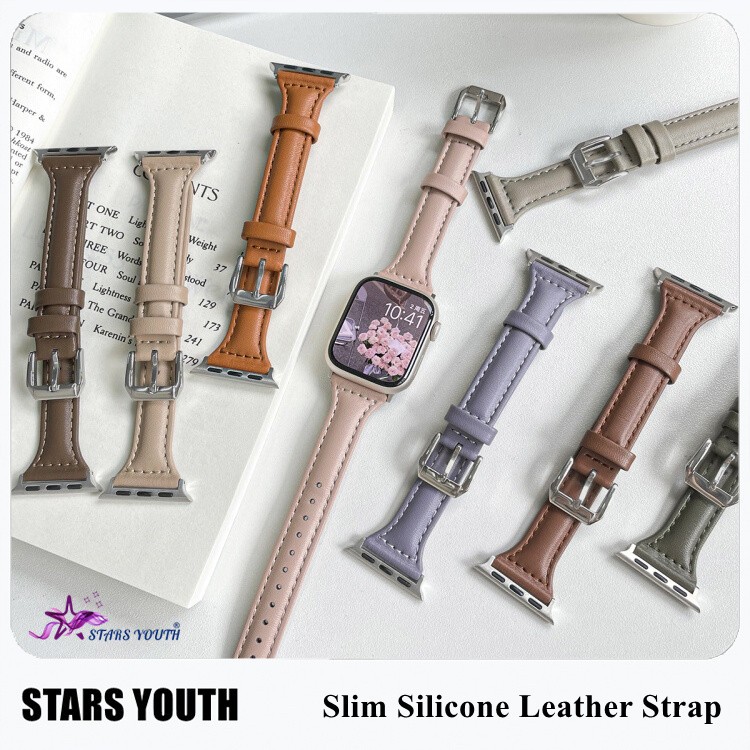 สายนาฬิกาข้อมือหนังซิลิโคน แบบบาง สําหรับ apple watch series 9 41 มม. 45 มม. 40 มม. 44 มม. iwatch series ultra 8 7 5 3 49 มม. 42 มม. 38 มม.