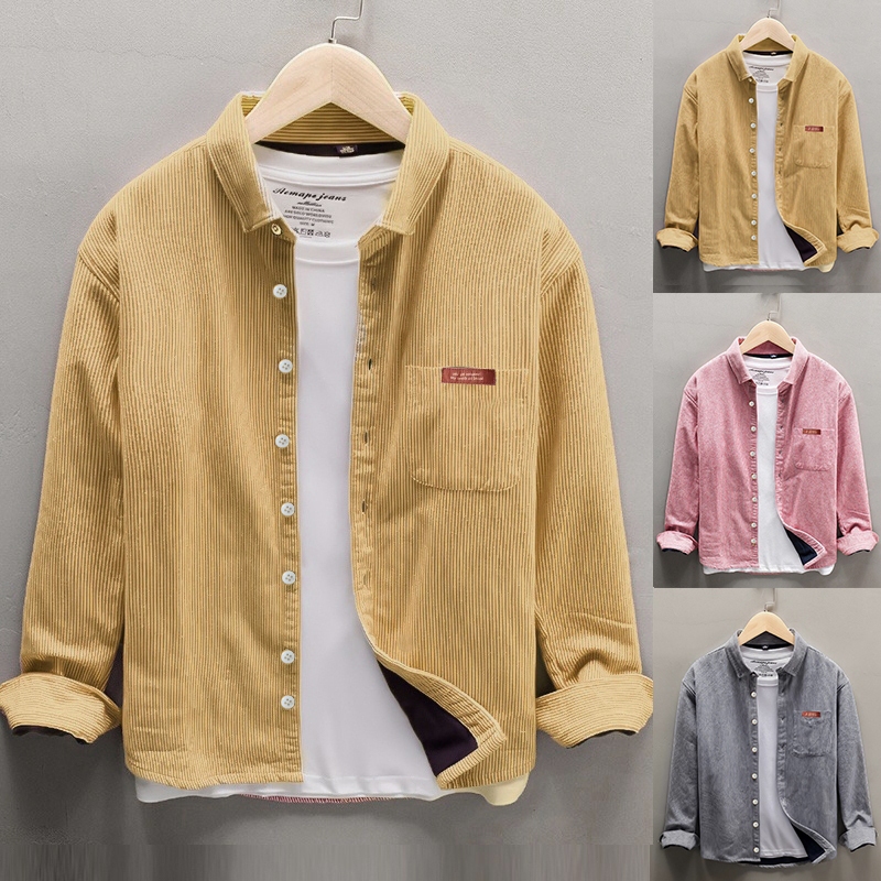M-3XL เสื้อเชิ้ตผู้ชาย สีชมพู เกาหลีแฟชั่น ทรงหลวมผ้าลูกฟูก สไตล์วินเทจ เสื้อผู้ชาย