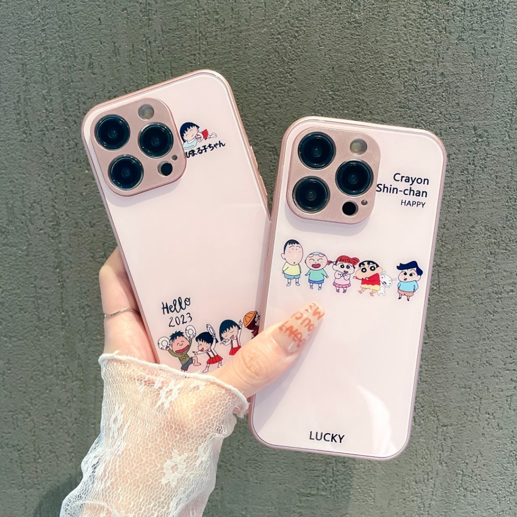 การ์ตูนน่ารัก Chibi Maruko-chan Crayon Shin-chan กระจกเทมเปอร์กรณี iPhone 16 pro max 16 plus xs max xr 11 12 pro 13 14plus 15 pro max iPhone 7 8 se 13 pro max ปลอก